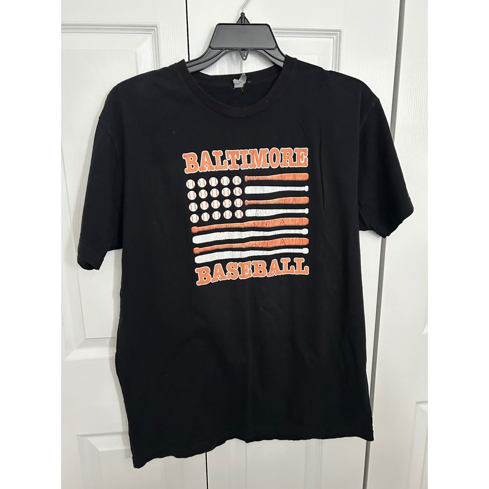 Baltimore Baseball Graphic T-Shirt Mens Black Orange Flag Bats Balls Size XL